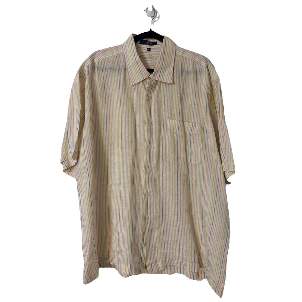 Alan Flusser Striped Short Sleeve Mens Button Up Shirt 100% Linen Boho Resortwea